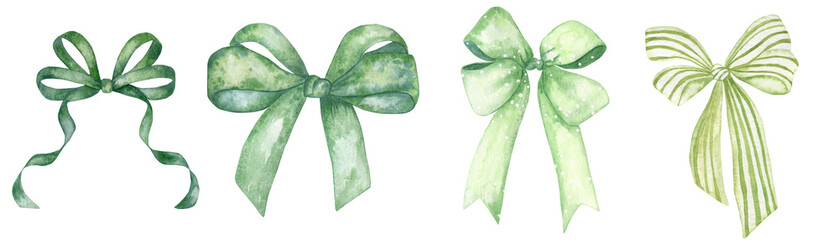 A set of watercolor watercolor bows in green colors