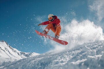 Naklejka premium Snowboarder performs an impressive jump on a red snowboard amidst majestic snowy mountains under a clear blue sky in winter