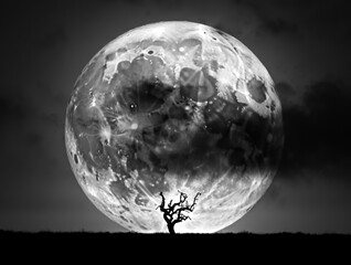 Large full moon behind silhouetted bare tree night