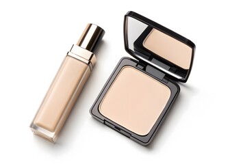 Two cosmetic products foundation and compact powder on a white background