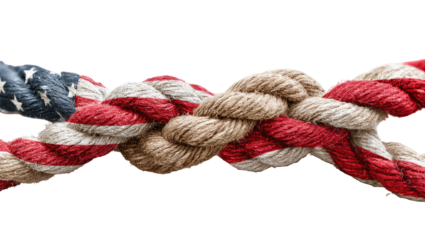Intertwined ropes, patterned with the American flag, symbolize connection and conflict