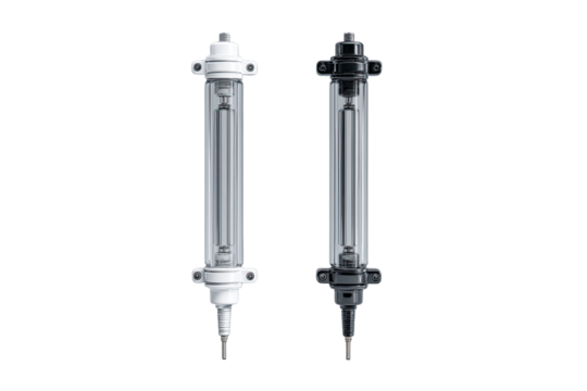 Two cylindrical glass tubes, one white, one black, mounted vertically.  Each tube has a small, attached base and a small, protruding component at the bottom.  Clear glass, industrial look