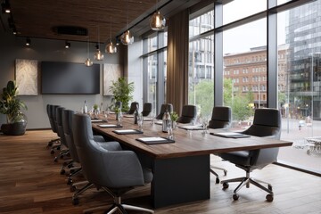 Fototapeta premium Modern business meeting space in Stockholm Sweden featuring a large conference table and panoramic city views during daylight hours