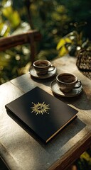 Fototapeta premium A black journal, adorned with a golden sun emblem, sits on a wooden table outdoors, beside two small cups of coffee. Sunlight streams through foliage