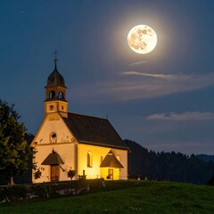 Fototapeta premium Small church bathed in moonlight, full moon high above