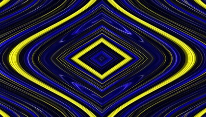 Abstract symmetrical pattern of dark blue and yellow, with flowing lines and a repeating diamond shape