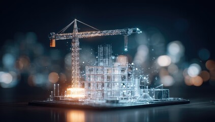 A digital rendering of a construction site, featuring a crane and a translucent building, set against a cityscape