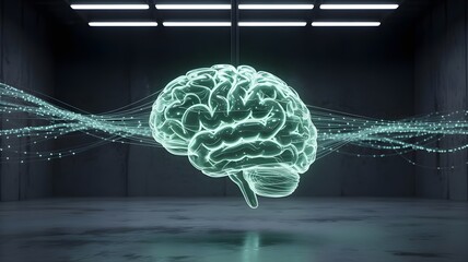 Human brain as a glowing AI neural network with data streams