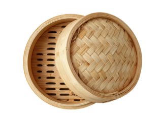 A close-up of a bamboo steamer, lid on top