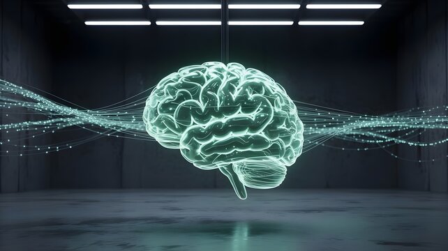 Human brain as a glowing AI neural network with data streams