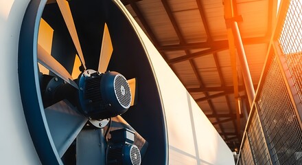 Closeup of a large industrial fan with sunlight