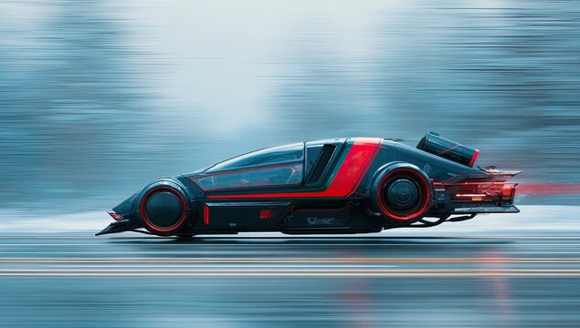 Futuristic vehicle speeding through snowy landscape