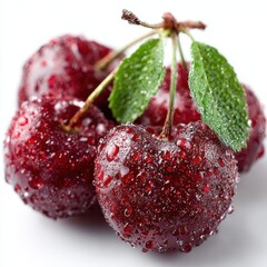 Fresh Red Cherries with Water Droplets and Green Leaves on White