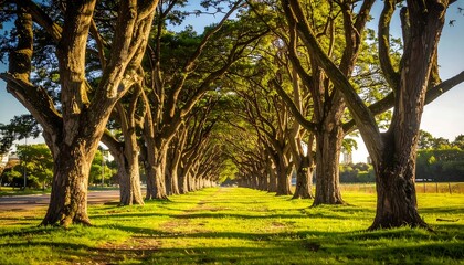 Fototapeta premium A sunlit alley of tall trees forming a natural archway over a grassy path