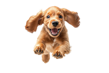 Running Cocker Spaniel puppy with floppy ears and happy expression on a transparent white background