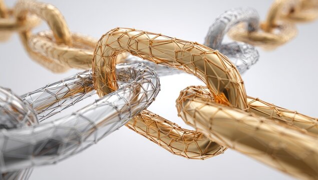 Interlocking gold and silver chains,  polygonal mesh detail