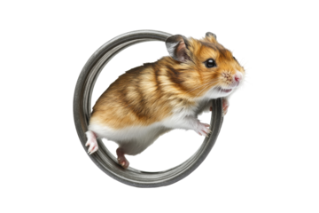 Golden hamster running on a white background in a studio setting, looking directly at the camera with its paws outstretched