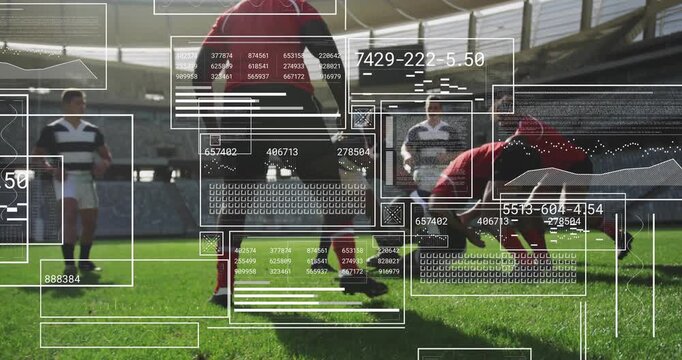 Red-jerseyed forward stepping into scrum and shoving pack with rugby analytics tracking pressure