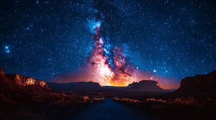 Fototapeta premium A stunning view of the Milky Way arching across a clear night sky, with a silhouette of a mountain range beneath. The stars are bright, and the nebulae are vividly visible.