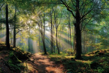 Obraz premium Sunlight filtering through trees in a lush forest during a tranquil morning, creating a serene and peaceful atmosphere