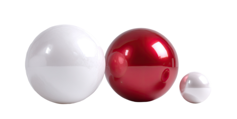 Three spheres, two white, one red, various sizes, arranged horizontally on a black background.  A glossy finish is apparent on each
