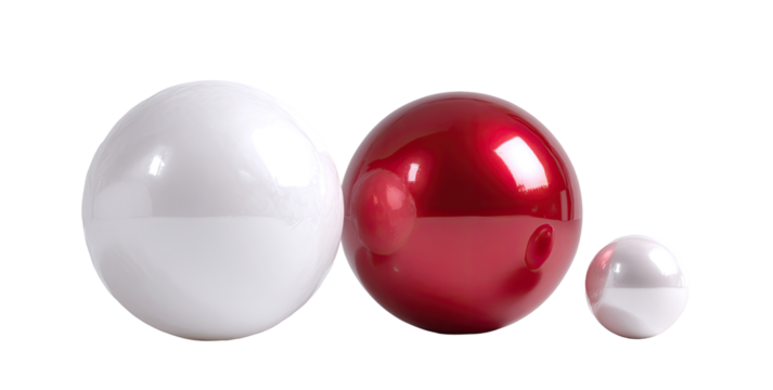 Three spheres, two white, one red, various sizes, arranged horizontally on a black background.  A glossy finish is apparent on each