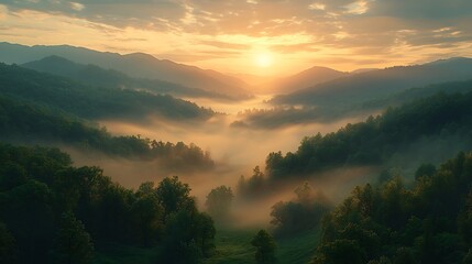Obraz premium A surreal fog-covered valley at sunrise, rolling hills fading into the mist, golden light painting the landscape.
