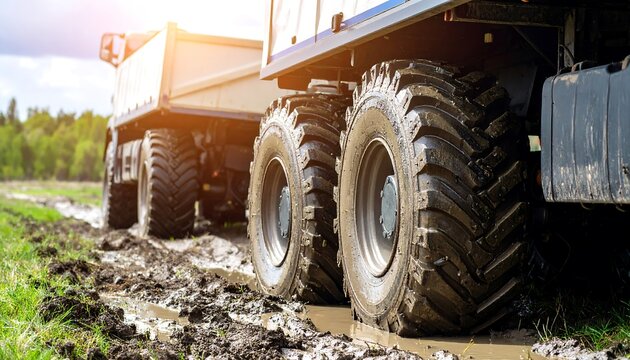 Large heavy-duty trucks navigate a muddy field path, their massive tires leaving a trail of wet soil.