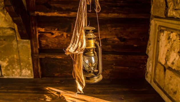 Antique lantern hanging in an attic - Powered by Adobe