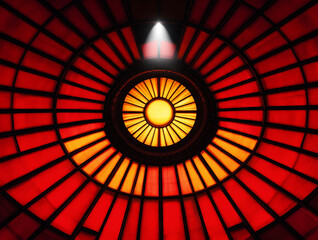 Radial stained glass dome with bright yellow center and red panels