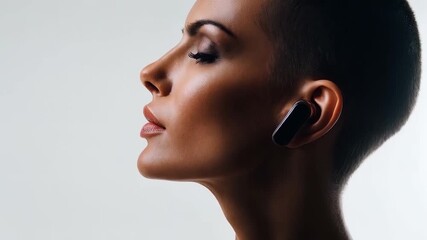 Elegant woman with buzzcut wearing wireless earbuds on a white background - Powered by Adobe