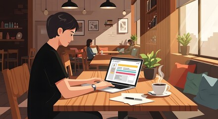 Focused young professional works on laptop in a warm, sunlit cafe, enjoying coffee and a productive atmosphere.