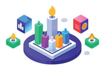 Isometric candles and bar charts with abstract cubes on a white background birthday