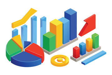 Isometric colorful bar charts pie chart and at symbol with upward arrow Keywords: data analysis chart graph statistics