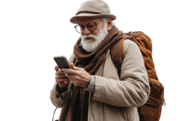 Senior man with backpack and hat uses smartphone for directions during his trip