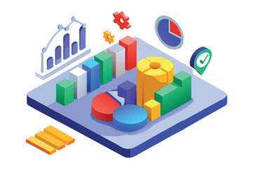 Isometric data analysis and reporting with charts and gears graphs pie chart