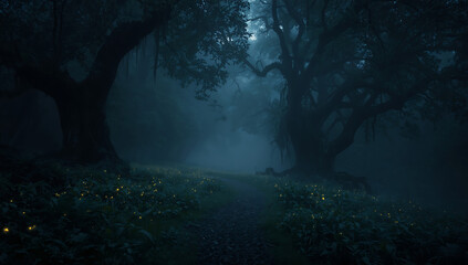 Mysterious Foggy Forest Path at Night (AI Generated)