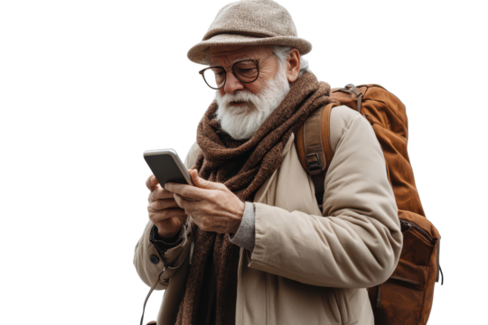 Senior man with backpack and hat uses smartphone for directions during his trip