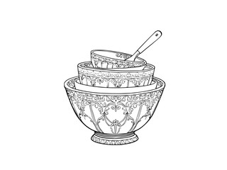 Minimilist a stack of ornate bowls with a spoon resting inside the top bowl in black and white line art style vector