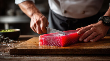 Slicing fresh tuna for sushi preparation kitchen culinary art indoor close-up seafood mastery