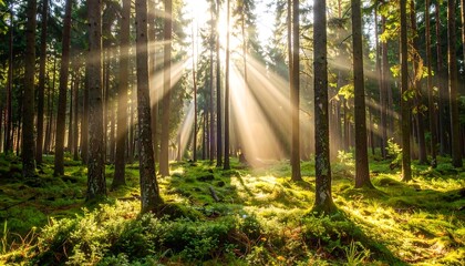 Sunbeams pierce forest canopy, illuminating mossy undergrowth creating serene vista