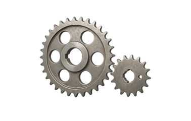 Two metal gears, one large and one small, isolated on transparent background