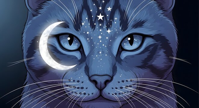 Mystical blue cat with glowing crescent moon and starry celestial markings, captivating gaze, evoking enchantment and cosmic wonder for magical themes