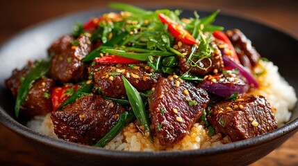 Delicious Asian Beef Stir Fry with Rice, Vegetables and Sesame Seeds