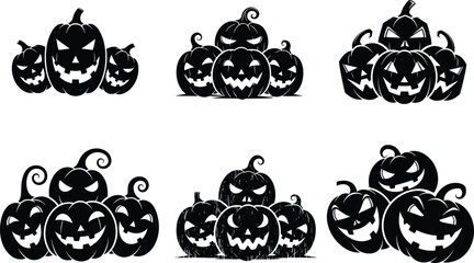 Eerie jack‑o‑lantern pumpkin group silhouette vector, spooky Halloween stacked pumpkins illustration with sinister grins festive autumn design