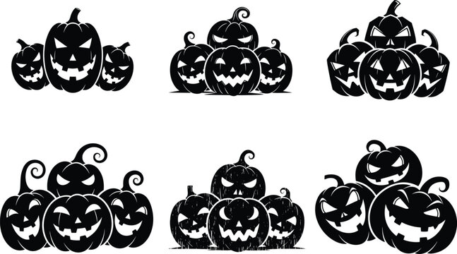 Eerie jack‑o‑lantern pumpkin group silhouette vector, spooky Halloween stacked pumpkins illustration with sinister grins festive autumn design