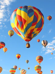 Obraz premium Colorful Hot Air Balloon Adventure: A Picturesque Excursion in the Sunny Sky