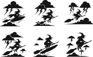 Flying witch silhouette in stormy sky with broomstick, clouds, lightning bolts – spooky Halloween magic vector illustration.