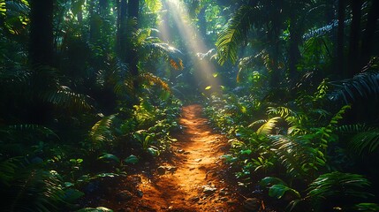 Obraz premium A narrow jungle path winding through dense tropical vegetation, with large ferns and towering trees.