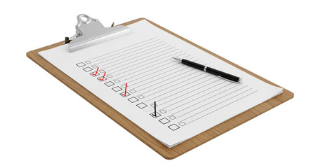 A clipboard with a checklist having some boxes checked and a pen resting on the paper surface